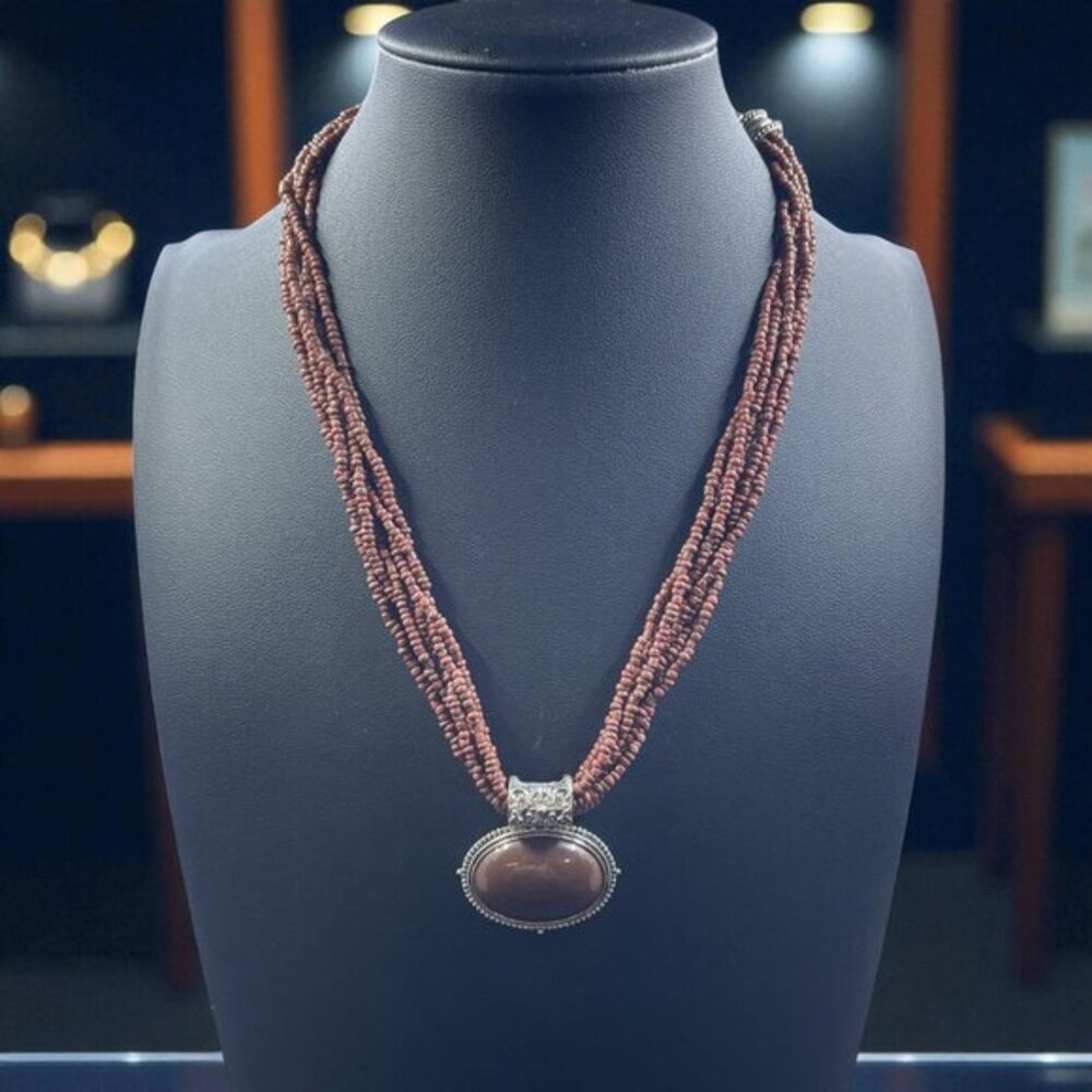 Boho Statement‎ Necklace Beaded Multi Strand Pendant Tribal Earthy Cottagecore